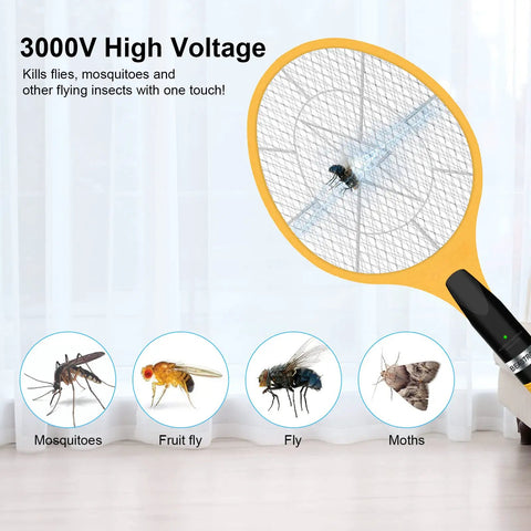 Electric Bug Zapper Fly Swatter 3000V USB Rechargeable Mosquito Racket shown in action with yellow handle