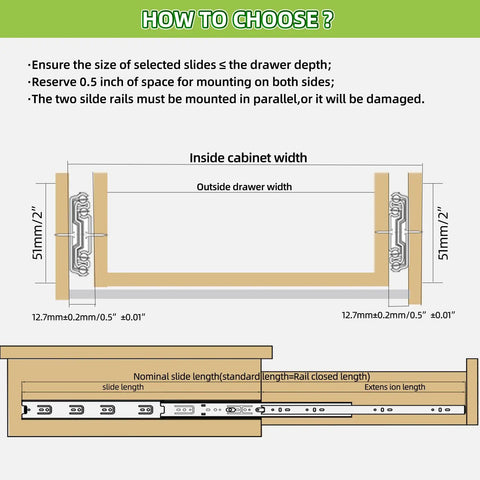 Installation guide for Heavy Duty Drawer Slides Beefed Up Full Extension Ball Bearing Rails 150 LB Load 12 14 16 18 20 22 24 32 40 Inch Cabinet Runners For Tool Boxes And Drawers Zinc Plated Steel Tracks showing slide length and extension requirements.