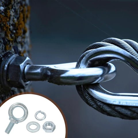 Five Pack M10 Galvanized Carbon Steel Eye Bolts Kit With Nuts And Washers For Heavy Duty Tie Downs Indoors Outdoors Lifting Ring Type Eye Bolts Three Eighths Inch By Nearly One Inch Ring Inner 21mm Outer 36mm Silver eye bolt connected to wire rope with nut and washers
