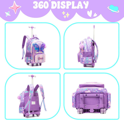360 view of children's butterfly rolling backpack with wheels