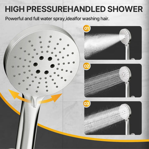 8 Inch Brushed Nickel Shower Faucet Trim Kit With Air Blended Pressure Rain Head And Handheld Sprayer showing different spray settings.