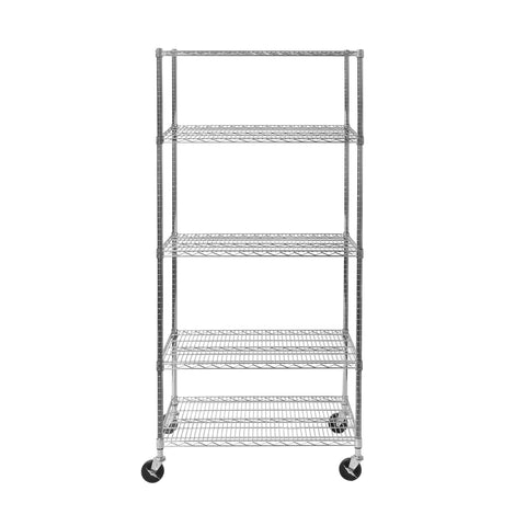 Commercial Grade Steel Wire Shelving Unit Five Tier Adjustable Storage Rack 36 X 24 X 76 Inches Zinc Plated with wheels