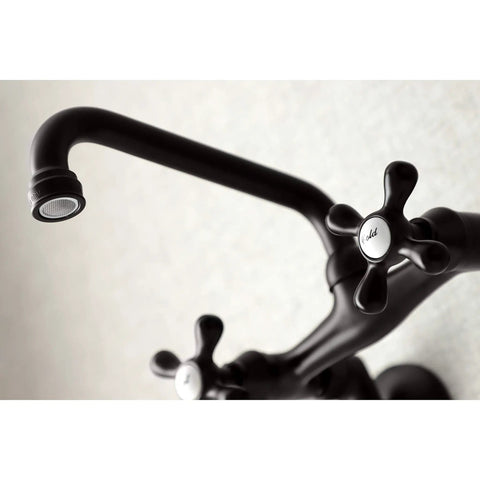 Victorian Style Two Handle Wall Mount Kitchen Faucet in Oil Rubbed Bronze, 7 Inch spout close-up, classic old school design