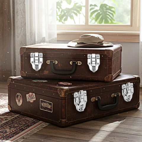 Vintage suitcases with Two Pack Duckbilled Box Hasp Lock Toggle Latch With Padlock Hole For Jewelry Boxes Cabinets Toolboxes, silver finish.