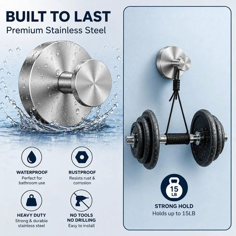 Heavy Duty Stainless Steel Suction Cup Hook Locks Bombproof To Smooth Surfaces, holds 15LB, waterproof for bathroom use.