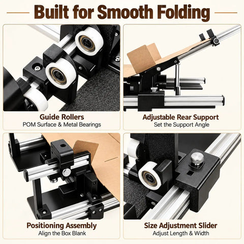 Manual Box Assisted Folding Tool For Packing Stations Featuring Adjustable Grip Clip For Smooth Carton Assembly And No Sweat Shipping Prep At Ecommerce Hubs Or Home Work Desks, showing guide rollers and adjustable support.