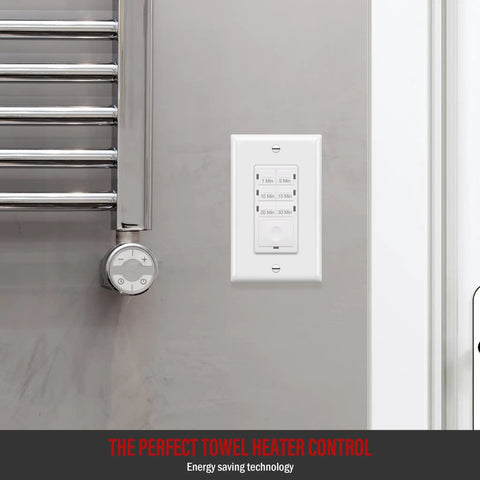 30 Minute No Neutral Countdown Timer Switch for Lights, Fans and Heaters on a wall near a towel heater, easy DIY installation.