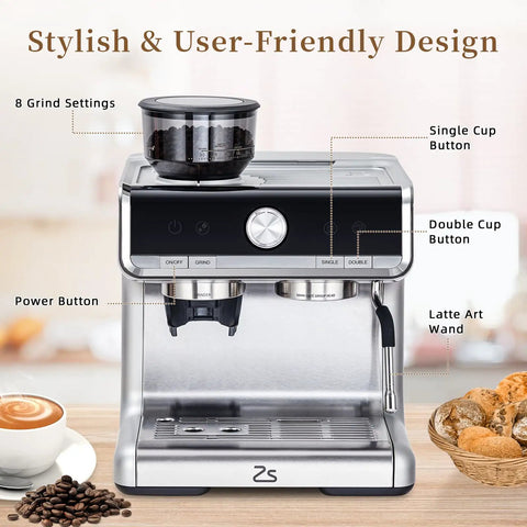Pro Grade Espresso Coffee Machine With Built In Grinder And 20 Bar Pump Featuring Fast Steam Milk Frother Wand, designed with 8 grind settings.