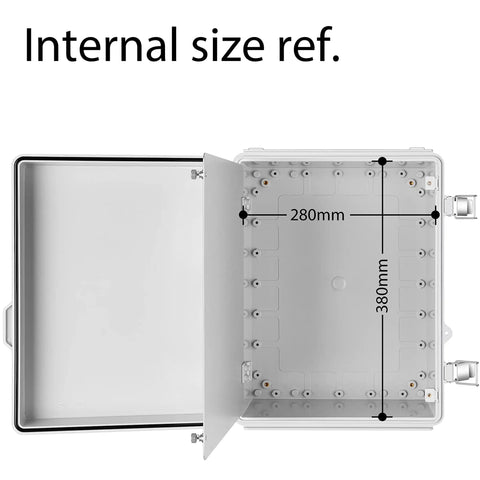 Junction Box Enclosure With IP67 Waterproof Design, interior size shown with hinged grey cover open, 280x380mm dimensions.