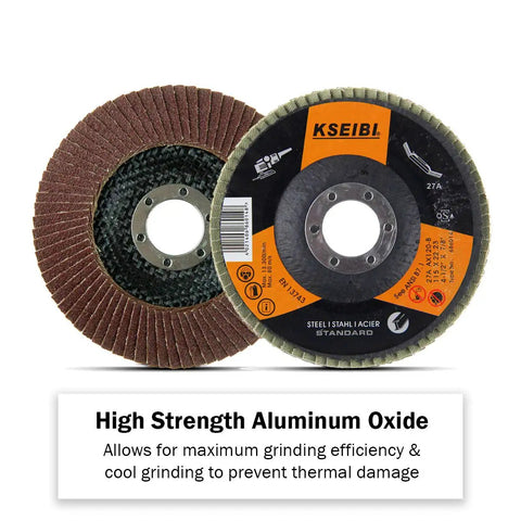 Four And One Half Inch Aluminum Oxide Flap Disc Set Type 27 60 Grit For Auto Body Sanding And Grinding 10 Pack showing disc front and back