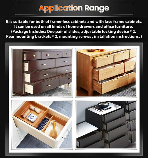 Undermount Soft Close Drawer Slides For Cabinets With Face Frame And Frameless, Ball Bearing Rails In 9, 12, 15, 18, 21, 24 Inch Sizes, Includes Rear Mounting Brackets, 78 Lb Load Per Pair, Easy Install used in various cabinets.