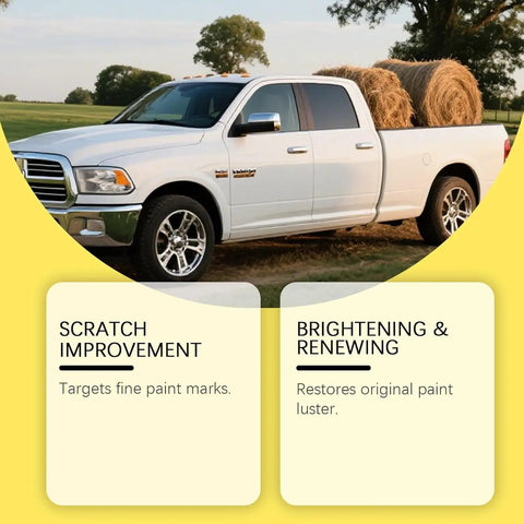 Pro Grade Scratch Eraser Paste That Buffs Out Gnarly Dings And Road Rash Fast While Sealing In A Hella Slick Hydrophobic Shield And Badass Mirror Finish For Everyday Rigs on a white truck with hay bales.