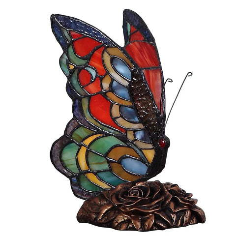 Butterfly Tiffany Style Stained Glass Accent Table Lamp Night Light With 7 Inch Wide Handmade Lampshade For Bedside Bedroom Or Living Room 9 Inch Tall Uses 25W E12 Bulb Max Not Included.