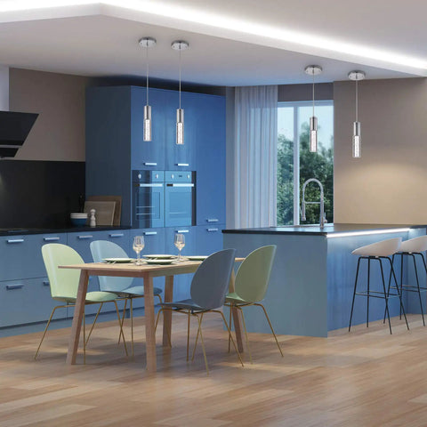 2 Pack Integrated LED Pendant Lights with Bubble Glass and Chrome Finish, illuminating modern kitchen island