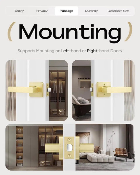 Three Pack Premium Gold Lever Door Handles For Closets And Interiors Heavy Duty Nonlocking Passage Function on white doors.