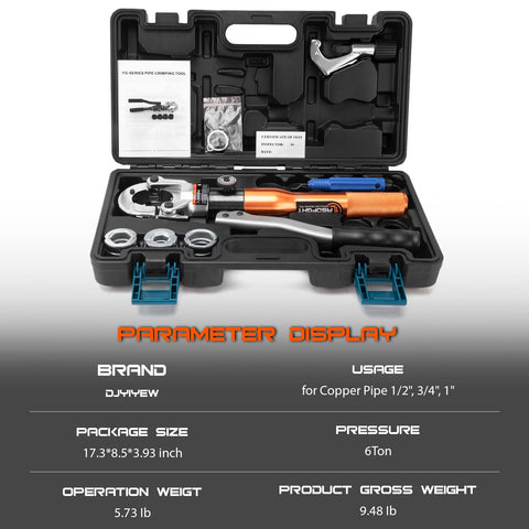 Heavy Duty Hydraulic Pipe Crimping Tool With 1/2 3/4 And 1 Inch Jaws For Copper Tube Fittings in a carrying case showing all components.
