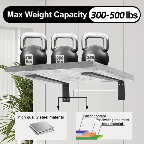 Straight Up Heavy Duty Countertop Support Bracket 16 Inch 3 Pack Three Eighth Inch Thick Steel mounted under a marble shelf holding kettlebells.