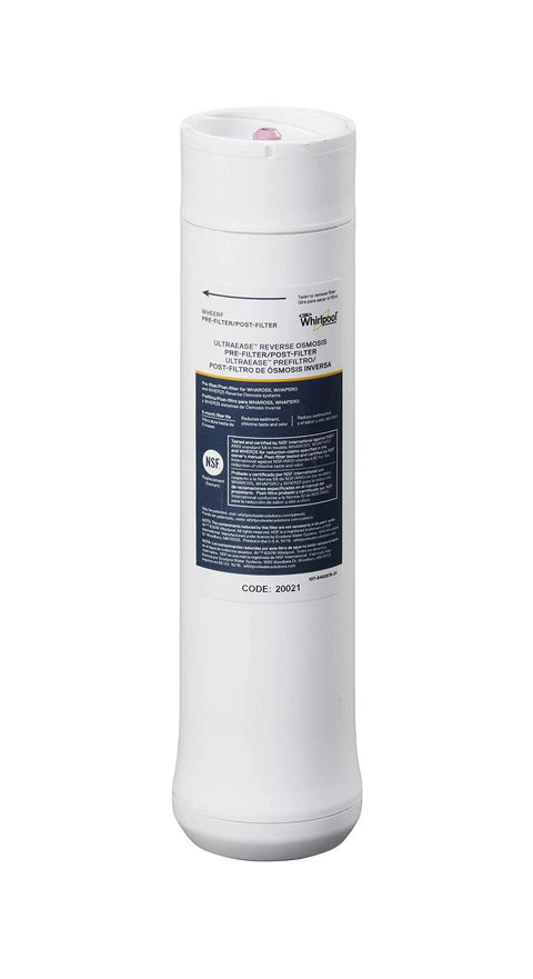 White WHEERF Replacement Water Filter Cartridge for Home RO Systems with label, fits WHAROS5 WHAPSRO WHER25, reduces chlorine taste and odor.