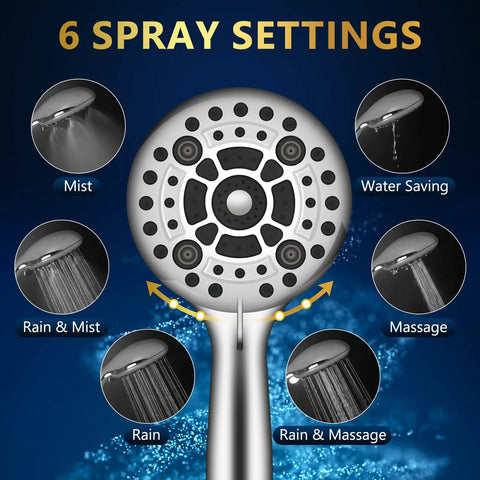 Six Mode High Pressure Handheld Shower Head Set With 60 Inch Stainless Steel Hose And Five Inch Large Shower Head No Fuss One Minute Install Chrome Finish Provides Rain Massage Mist And Water Saving Sprays