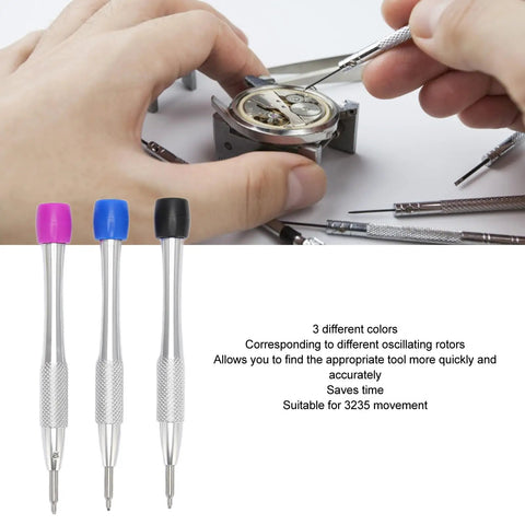 Pro Grade Watch Movement Screwdriver Set for 3235 movements, lightweight stainless steel tools in use for rotor adjustments