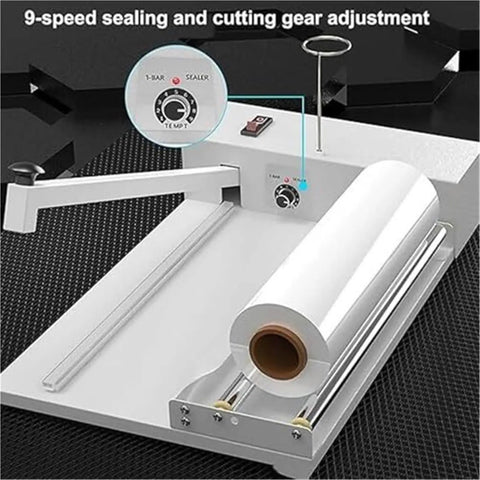 Pro Shrink Wrap Sealing Machine With Heat Cutting Bar Simultaneous Seal And Cut Function Adjustable Temp Control close-up of 9-speed dial.