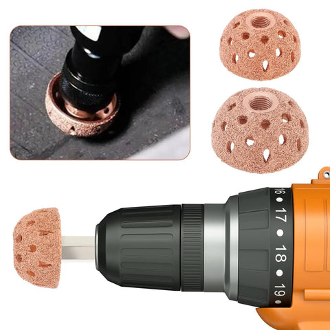 Tire Patch Kit With Patch Roller And Buffing Wheels 42mm And 55mm Six Piece Set showing buffing wheel on drill attachment.