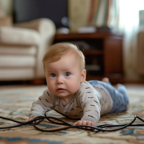 Baby crawling near exposed TV cables, highlighting need for 126 Inch Cable Raceway Kit White Paintable Wall Mount Cord Concealer