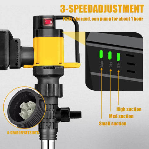 Close-up of Heavy Duty 1000W Electric Drum Pump With 36V Rechargeable Battery showing 3-speed adjustment and suction settings.