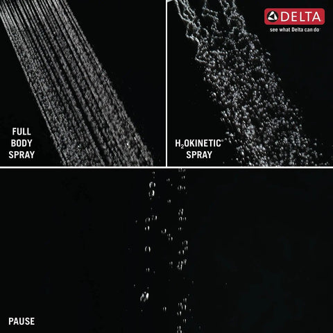 3-Setting Chrome Rain Shower Head With H2Okinetic Spray modes: Full Body, H2Okinetic, and Pause, showcasing spray variations