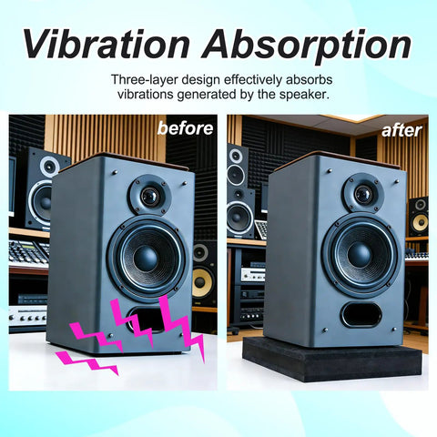 Comparison of speaker with Three Layer Studio Monitor Isolation Pads With Foam Riser for desk vibe reduction and cleaner audio.