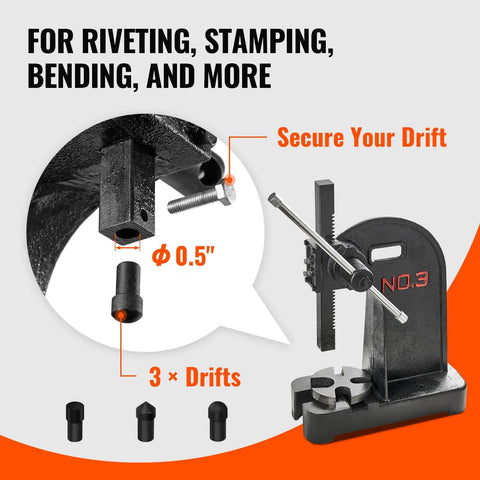 Heavy Duty Three Ton Manual Arbor Press Cast Iron Desktop Press With Smooth Twelve Point Two Inch Stroke Crafted For Jewelry Stamping, showing drift holder and accessories.