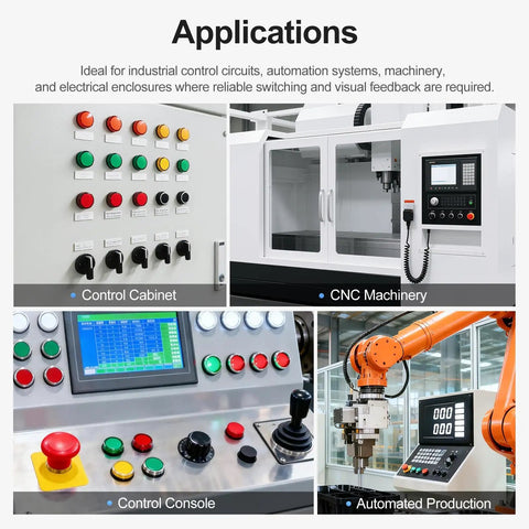 Applications of LED Momentary Push Button Switch 16mm 24V DC with round cap in control panels and CNC machinery setup.