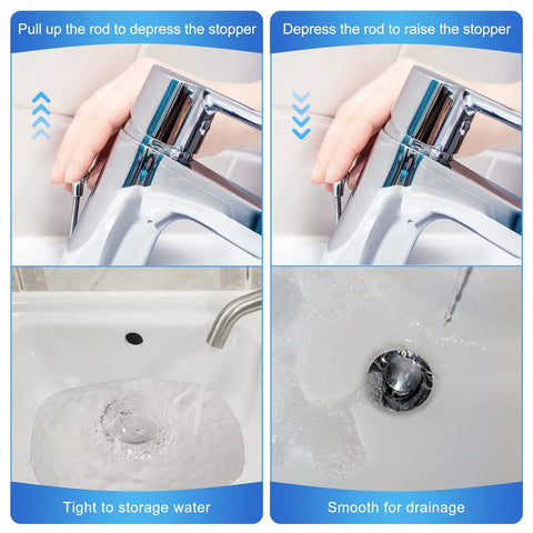 Heavy Duty Chrome Pop Up Sink Stoppers For Bathroom Vanities And Universal Drain Plug With Rubber Gasket Seal Keeps Your Pipes Clear And Flowing Smooth No Sweat Installation Three Pack showing installation process and water drainage.