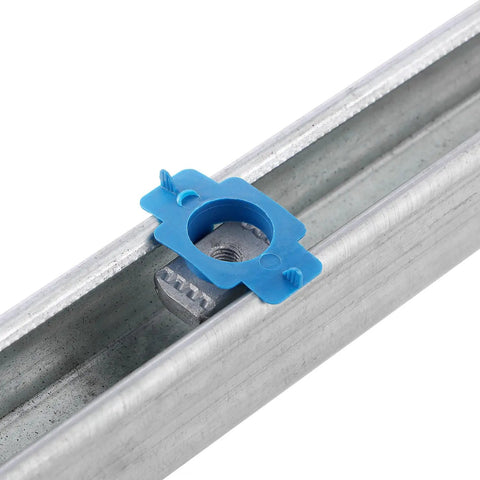 Close-up of a heavy duty solar panel clamps kit for one and five eighths inch strut rails with blue mounting bracket.