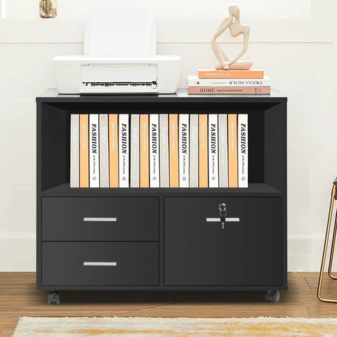 Slick Three Drawer File Cabinet With Secure Lock, Smooth Rollin Office Storage Unit Packed With Handy Shelves And Tough Printer Stand, Matte Black Build With No Sweat Assembly showcasing two drawers, printer above, and organized files.