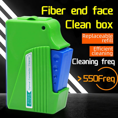 Optical fiber connector cleaner in green housing with blue cassette.