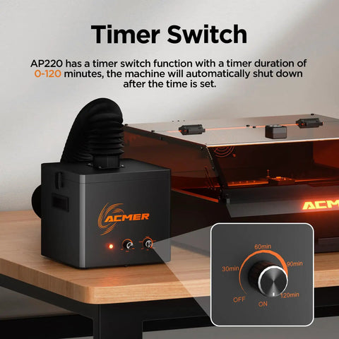 Laser Smoke Purifier For Engravers With 3 Stage Filtration And Timer, showing control panel and timer switch