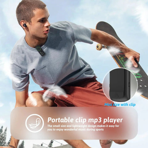 Skateboarder wearing 64GB Sport Clip On MP3 Player With Bluetooth 5.3 Ultra Light Mini Clip On Recorder, no FM, microSD