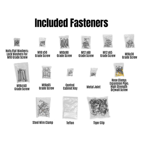 Included fasteners for Heavy Duty 16Ft Hvls Industrial Ceiling Fan Packing Beast Mode Cooling, various screws and clamps.