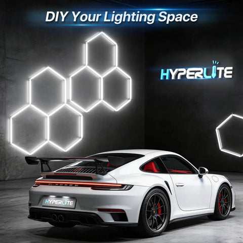 Gen II Hexagon LED Light 168W 16800LM Beast Bright 6500K Honeycomb Grid Panel wall installation in garage with car