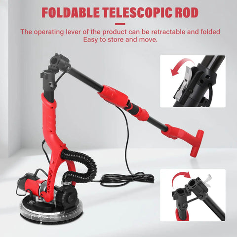 Beast 750W Drywall Sander With Vacuum And LED Light showing foldable telescopic rod mechanism for easy storage.
