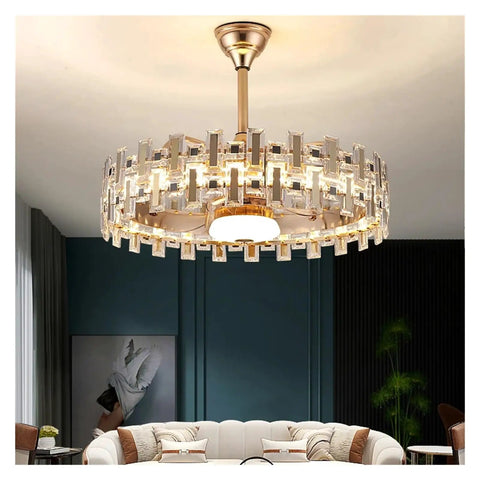 Slick Black Crystal Ceiling Fan Light With No Fuss Remote And Super Quiet Blades built for modern living rooms or bedrooms.