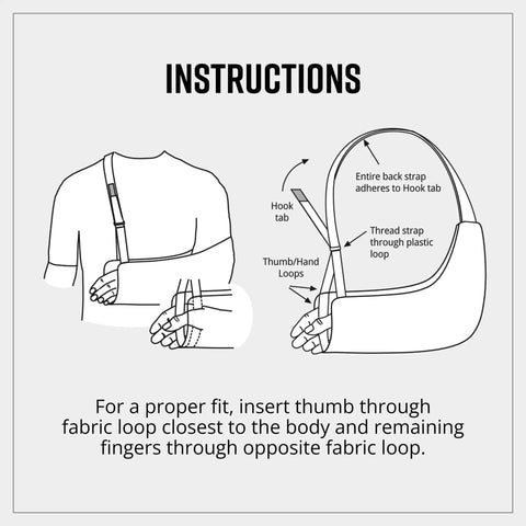 Instructions for using Super Comfy Adjustable Arm Sling For Shoulder Elbow Support with hook and thumb loops for proper fit.