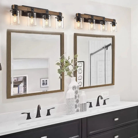 Farmhouse Vanity Light Fixture With Industrial Wood Wall Sconce And 4 Light Clear Glass Shades For Bathroom Hallway Kitchen Bedroom Antique Wood Finish Modern Rustic Home Decor mounted above double mirrors
