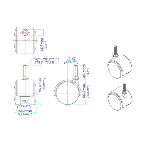 Diagram of Top Shelf Hooded Twin Wheel Casters 4 Pack 2 Inch Black Nylon and Zinc Plated Steel 5/16 Threaded Stem details.