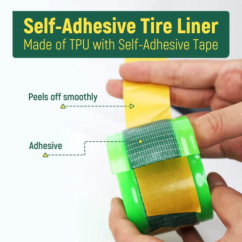 Close-up of hands unrolling Self-Adhesive Fat Bike Tire Liner TPU Puncture Protector, showcasing adhesive tape properties.