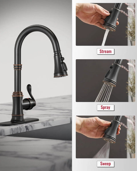 Oil Rubbed Bronze Kitchen Faucet With Pull Down Sprayer, Three Spray Modes, Vintage Antique Brass Style, Single Handle Or Deck Plate