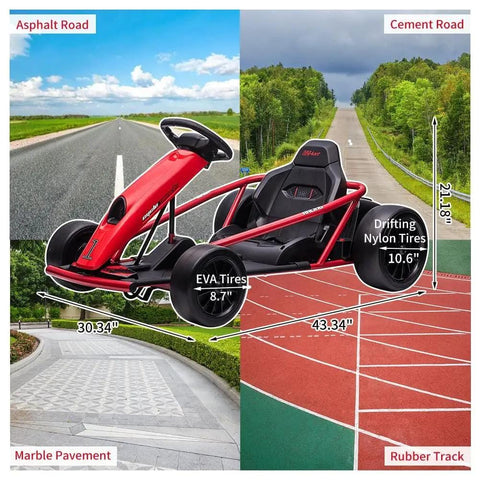 12V Kid Friendly Go-Kart With Dual 300W Brushless Motors, Drift-Ready Electric Kart displayed on various terrain surfaces.
