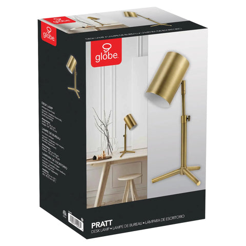 Pratt 18 Inch Desk Lamp With Matte Brass Finish, Adjustable Height, cylindrical head on box packaging, home office setting