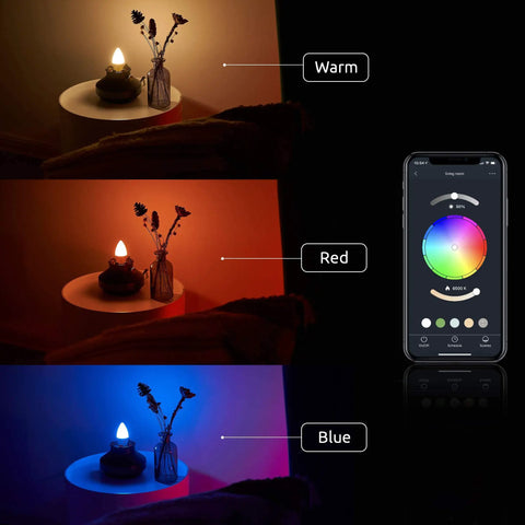 Different light colors from Candelabra E12 Smart Bulbs 5W 400lm LED RGB Color Changing, displayed with app control on mobile.